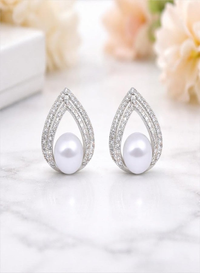 Meenaz AD American Diamond Pearl Studs Earrings set for Women & Girls | Korean Style Gold Earings | Pearl Stud Ear rings Stylish Jewellery for Women | Valentine Gift for Girlfriend, Wife Couple -299 - Image 3