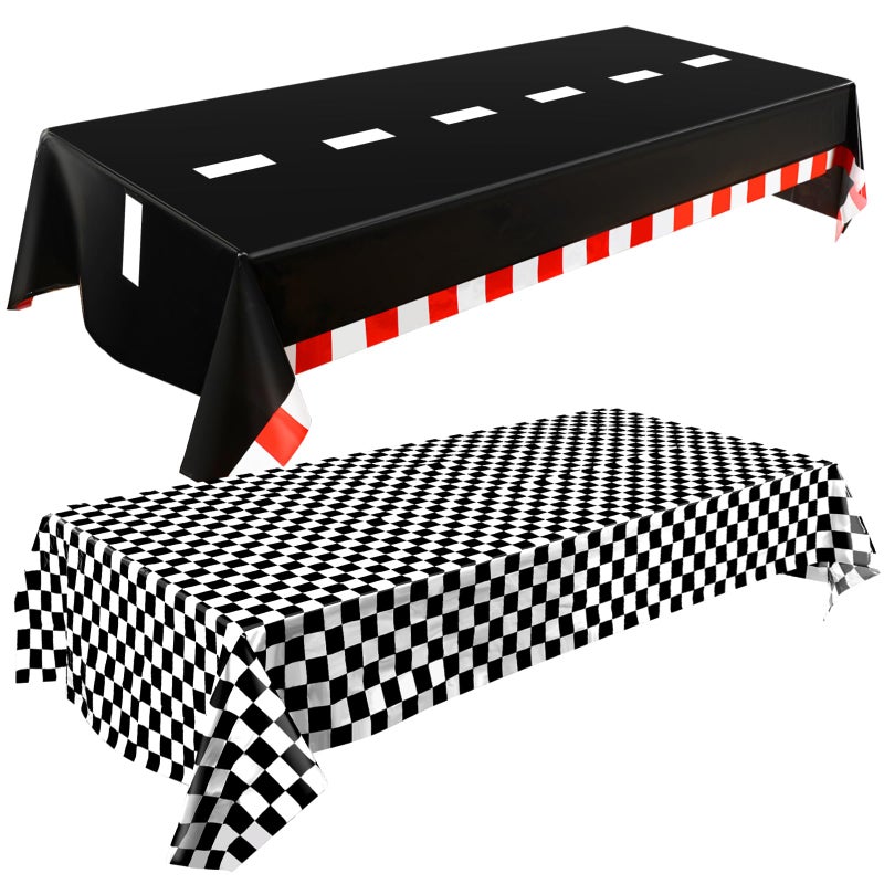 Breling 2 Packs Car Birthday Party Decorations Plastic Car Table Cloth Two Fast Disposable Race Road Checkered Party Supplies Race Theme Party Favors for Birthday, 54 x 108 Inch - Image 1