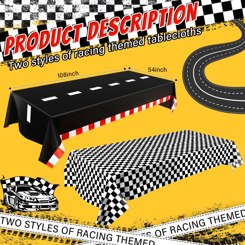 Breling 2 Packs Car Birthday Party Decorations Plastic Car Table Cloth Two Fast Disposable Race Road Checkered Party Supplies Race Theme Party Favors for Birthday, 54 x 108 Inch - Image 2