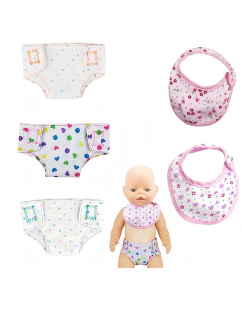 NETTING 5 Pcs Doll Accessories Set Diapers Doll Underwear Diaper Spotted Bibs Doll Accessories for 14-18 Inch Baby Dolls Accessory Set Feeding Reusable Dolls Fabric Nappies Girl Birthday Gift.