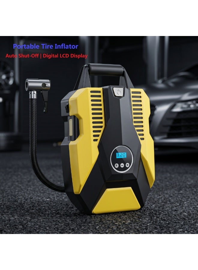 Auto Stop Tire Inflator, Digital Pressure Gauge Air Compressor, Portable Air Pump for Cars or Bicycles, Fast Inflation Tire Pump with LED Light