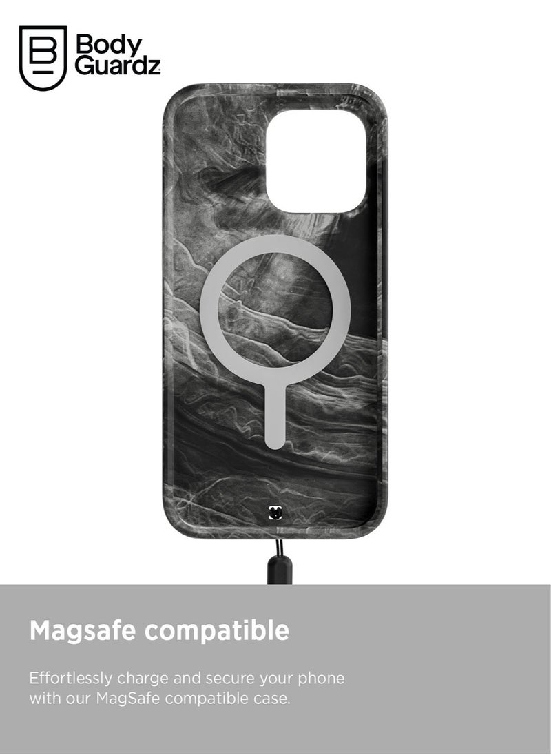 Bodyguardz - Carve Marble for iPhone 15 Pro MAX Case Cover compatible with MagSafe with Lanyard - Black/White - Image 1