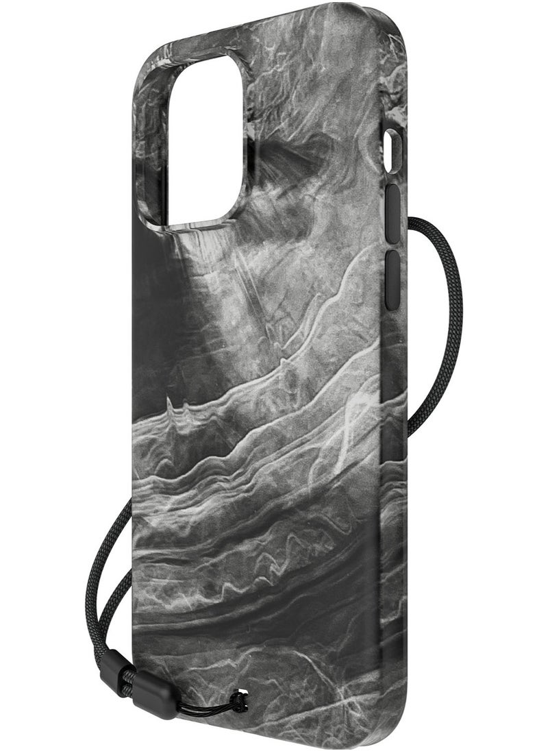Bodyguardz - Carve Marble for iPhone 15 Pro MAX Case Cover compatible with MagSafe with Lanyard - Black/White - Image 1