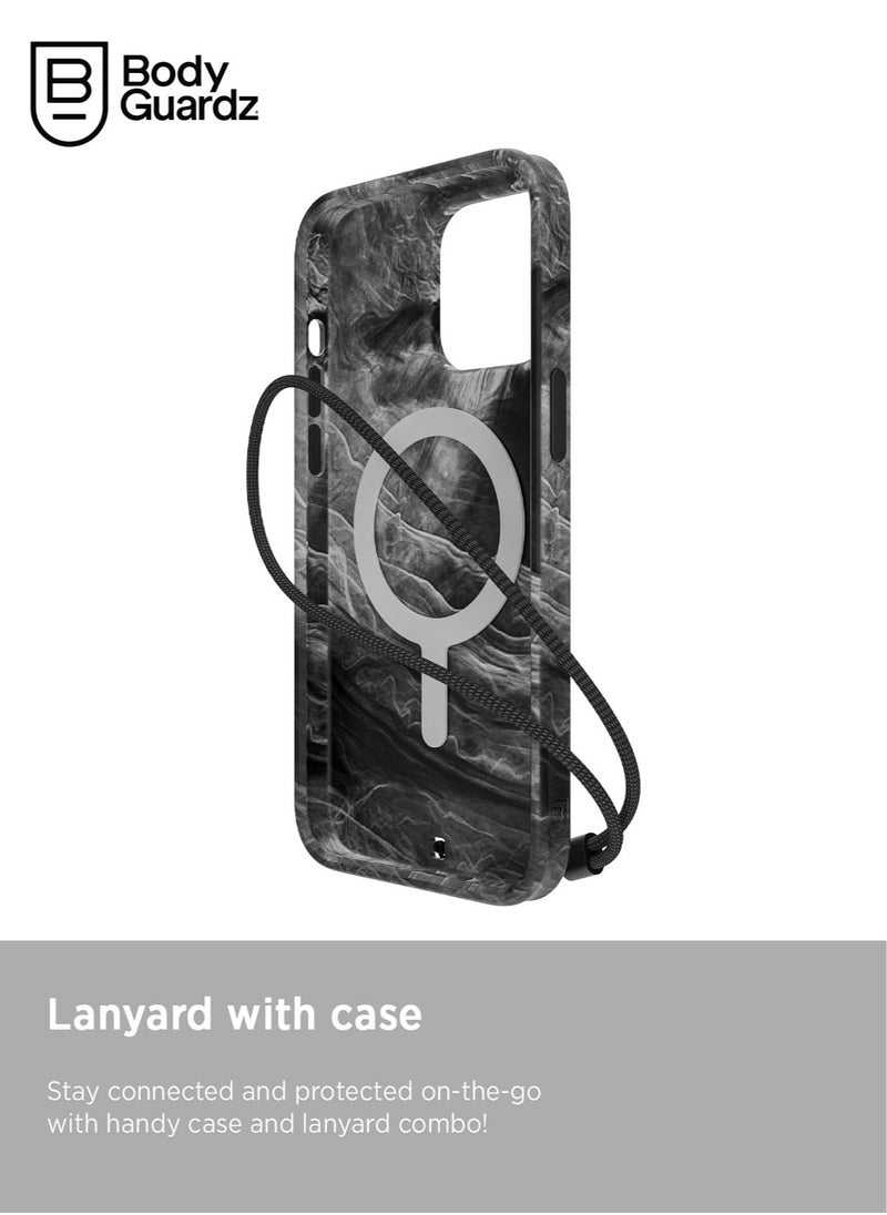 Bodyguardz - Carve Marble for iPhone 15 Pro MAX Case Cover compatible with MagSafe with Lanyard - Black/White - Image 1
