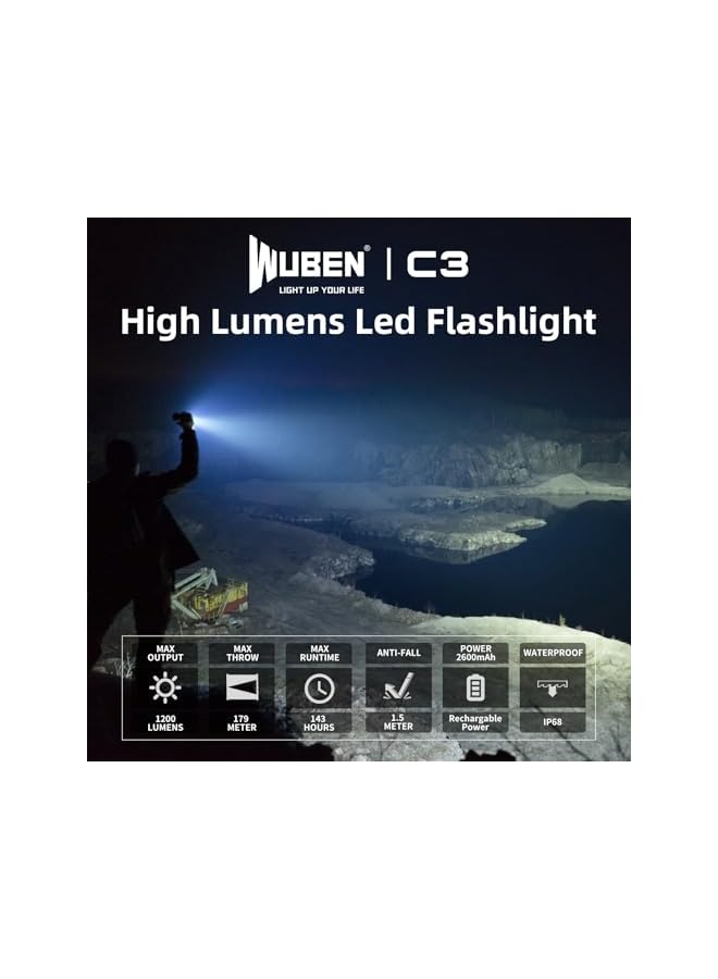 WUBEN C3 Flashlights 1200 Lumen led Rechargeable Torch Light 6 Modes, IP68 Waterproof Best Camping, Outdoor, Emergency, Everyday Carry - Image 3