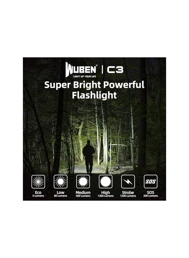 WUBEN C3 Flashlights 1200 Lumen led Rechargeable Torch Light 6 Modes, IP68 Waterproof Best Camping, Outdoor, Emergency, Everyday Carry - Image 4