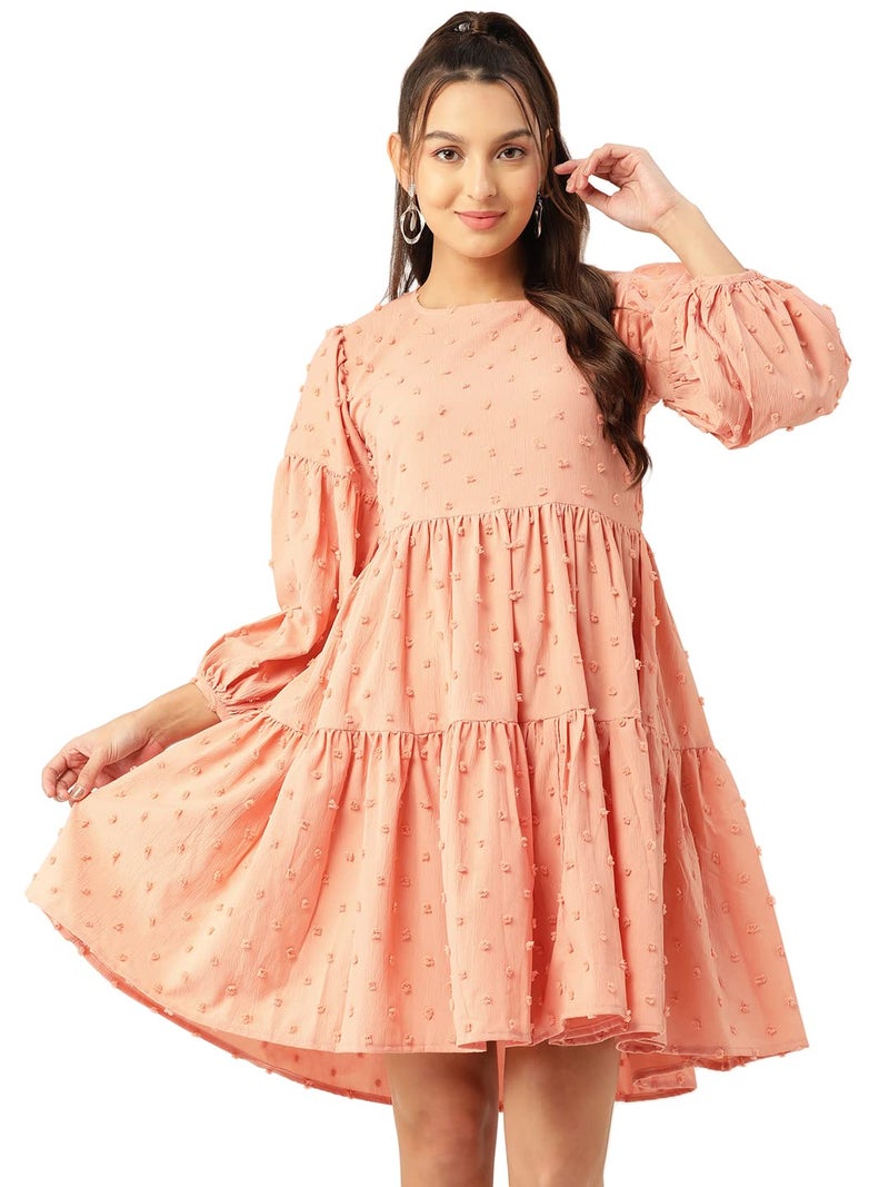 Indian Needle JAINISH Peach Self Design Tiered Dress for Women - Image 1