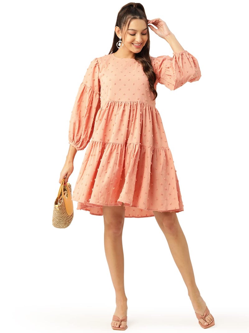 Indian Needle JAINISH Peach Self Design Tiered Dress for Women - Image 4