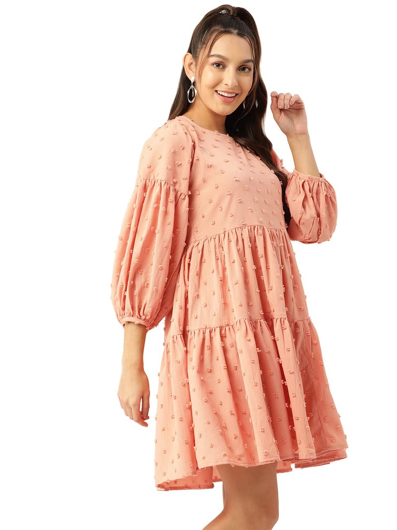 Indian Needle JAINISH Peach Self Design Tiered Dress for Women - Image 3