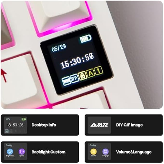 A-jazz لوحة مفاتيح ألعاب لاسلكية AJAZZ AK820 PRO مع شاشة TFT ومقبض، قابلة للتبديل الساخن، 2.4GHz/USB/BT5.0، كريمة جازكيت، لوحة مفاتيح ميكانيكية 75% للكمبيوتر/ماك/مكتب (بيج، مفتاح هدية) - Image 3