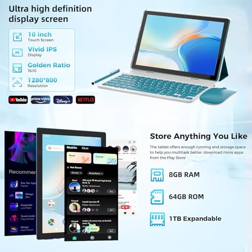 ZZB 10 inch Tablet Android 15 Tablets PC Set 2 in 1 Tablet with Keyboard Case Mouse Stylus 8GB RAM+64GB ROM 1TB Expansion Tableta Computer 10.1" IPS Screen 2MP+8MP Dual Camera 6000 mAh battery WiFi BT Tab - Image 4