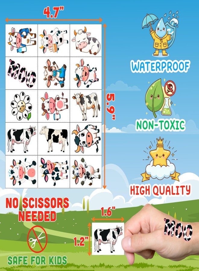Backtopeia Cow Temporary Tattoos | Cute Cow Birthday Party Decorations Stickers Party Favors Supplies Accessories Décor Gift Idea For Kids Boy Girl Teen Adult 60Pcs 4 Sheets Pre-cut - Image 4