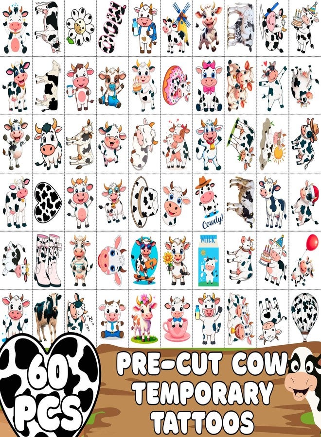 Backtopeia Cow Temporary Tattoos | Cute Cow Birthday Party Decorations Stickers Party Favors Supplies Accessories Décor Gift Idea For Kids Boy Girl Teen Adult 60Pcs 4 Sheets Pre-cut - Image 2
