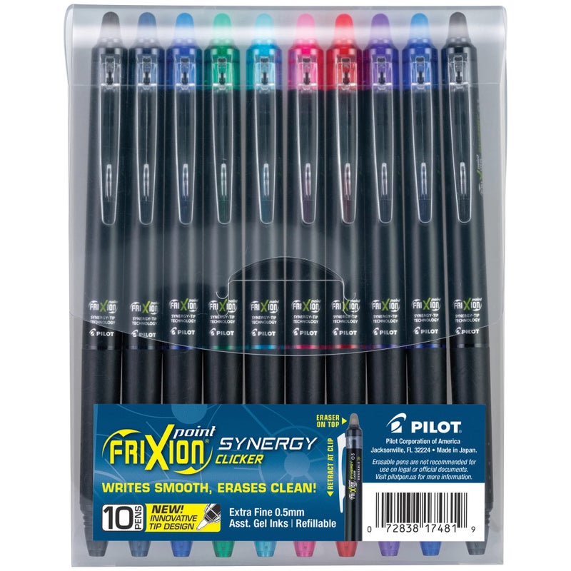 Pilot FriXion Synergy Clicker Erasable, Refillable, Retractable Gel Ink Pens, Extra Fine Point 0.5 mm, Pack of 10, Assorted Colors, FriXion Erasable Pens 0.5 - Ideal for School & Office Writing - Image 1