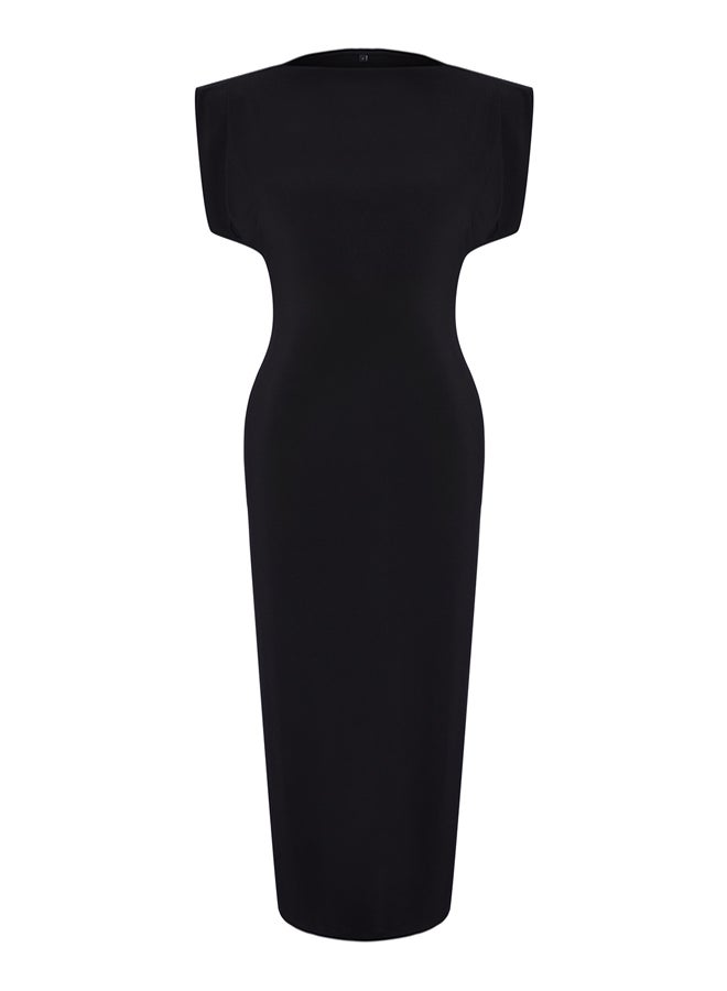trendyol Black Plain Midi Padded Draped Bodycone/Fitted Stretch Knitted Dress - Image 5