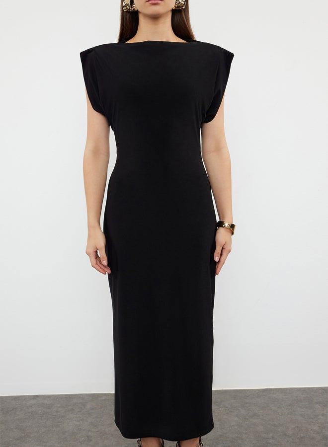 trendyol Black Plain Midi Padded Draped Bodycone/Fitted Stretch Knitted Dress - Image 3