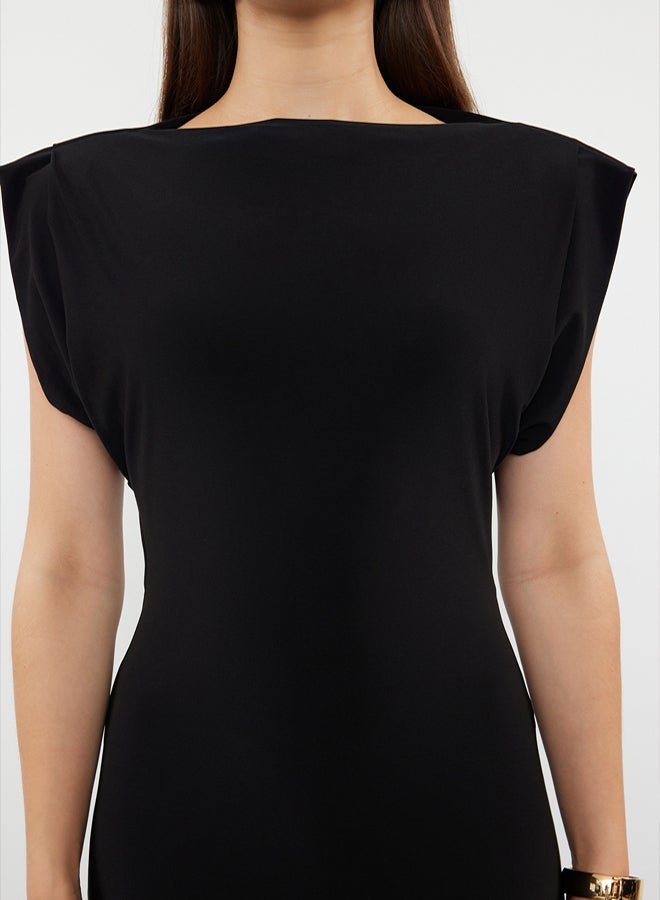 trendyol Black Plain Midi Padded Draped Bodycone/Fitted Stretch Knitted Dress - Image 4