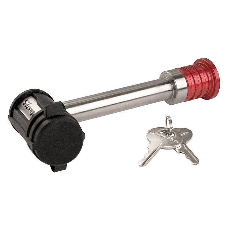 Master Lock Silver and Red Receiver Lock, Stainless Steel Barbell™ Hitch Pin Lock, Fits 5/8 in. Receivers, Weather Resistant Automotive Receiver Lock, 1469DAT - Image 4