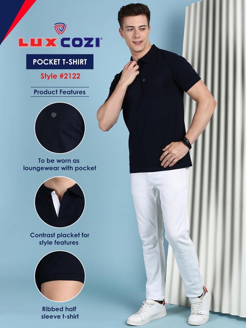 Lux Cozi Men's Half Sleeve Soild Casual T-Shirt with Chest Pocket_COZI_2122_NB_4XL_1PC Navy - Image 2
