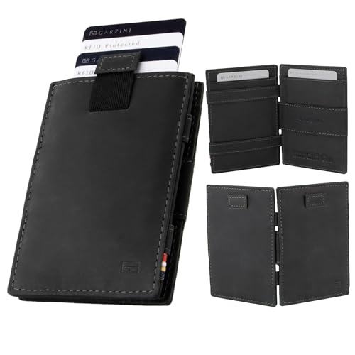 GARZINI Magic Wallet with Pull-Tab, Minimalist Wallet with RFID card holder, Leather Wallet for 12 cards, Carbon Black - Image 1