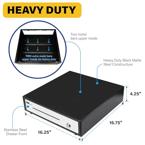 HK SYSTEMS 16" POS Cash Drawer Stainless Steel Front, Ball bearing slide, Heavy Duty POS with Removable Tray 5Bill/5Coin - Image 3
