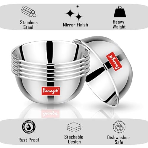 Parage 6 Pieces Stainless Steel Big Size Bowl/Wati/Katori Heavy Gauge with Mirror Finish, 10.2 cm Dia, Set of 6, 220 ml Each, Silver - Image 5