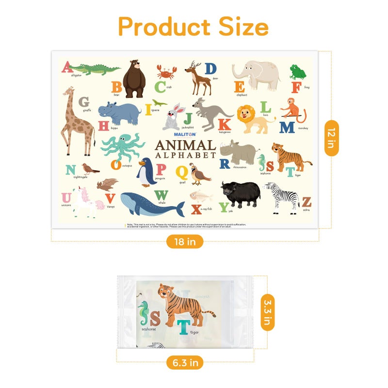 Maliton Disposable Placemats for Baby & Toddlers - Individually Wrapped 32 Pack Stick on Placemat Waterproof Baby Placemats for Dining Table, Travel, Restaurants, Animal Alphabet Designs (12x18 Inch) - Image 3