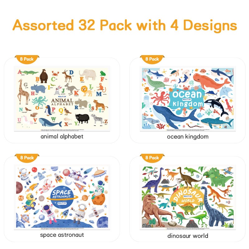 Maliton Disposable Placemats for Baby & Toddlers - Individually Wrapped 32 Pack Stick on Placemat Waterproof Baby Placemats for Dining Table, Travel, Restaurants, Animal Alphabet Designs (12x18 Inch) - Image 4