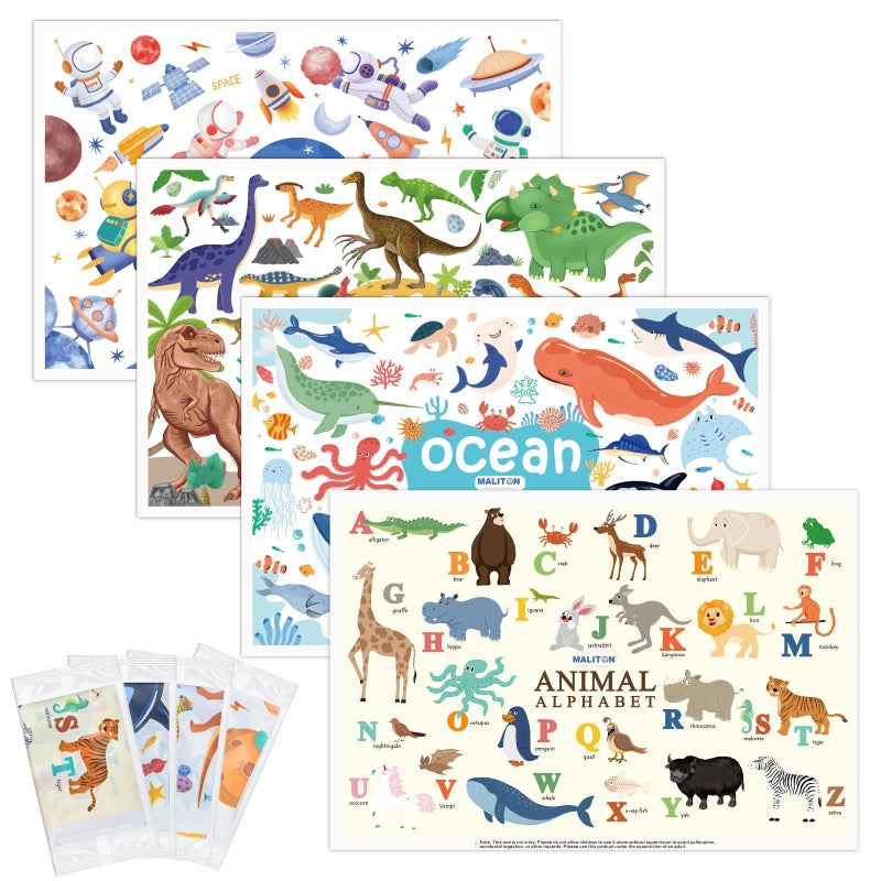 Maliton Disposable Placemats for Baby & Toddlers - Individually Wrapped 32 Pack Stick on Placemat Waterproof Baby Placemats for Dining Table, Travel, Restaurants, Animal Alphabet Designs (12x18 Inch) - Image 1
