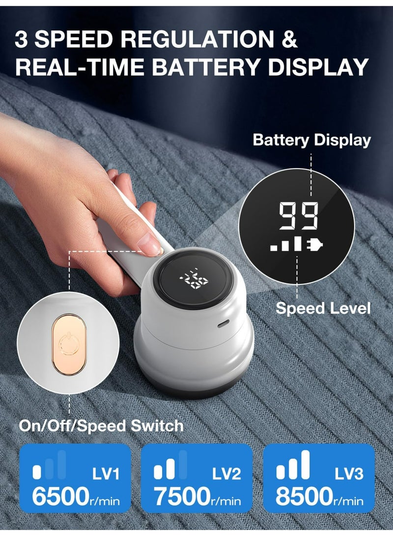 Sakina Rechargeable Fabric Shaver Lint Remover, 2 Replaceable Stainless Steel Blades, Multi-Functional Sweater Defuzzer, For Clothes Curtains Sofa, 3-Speed LED Display, Replaceable Leaf Blades(White) - Image 3