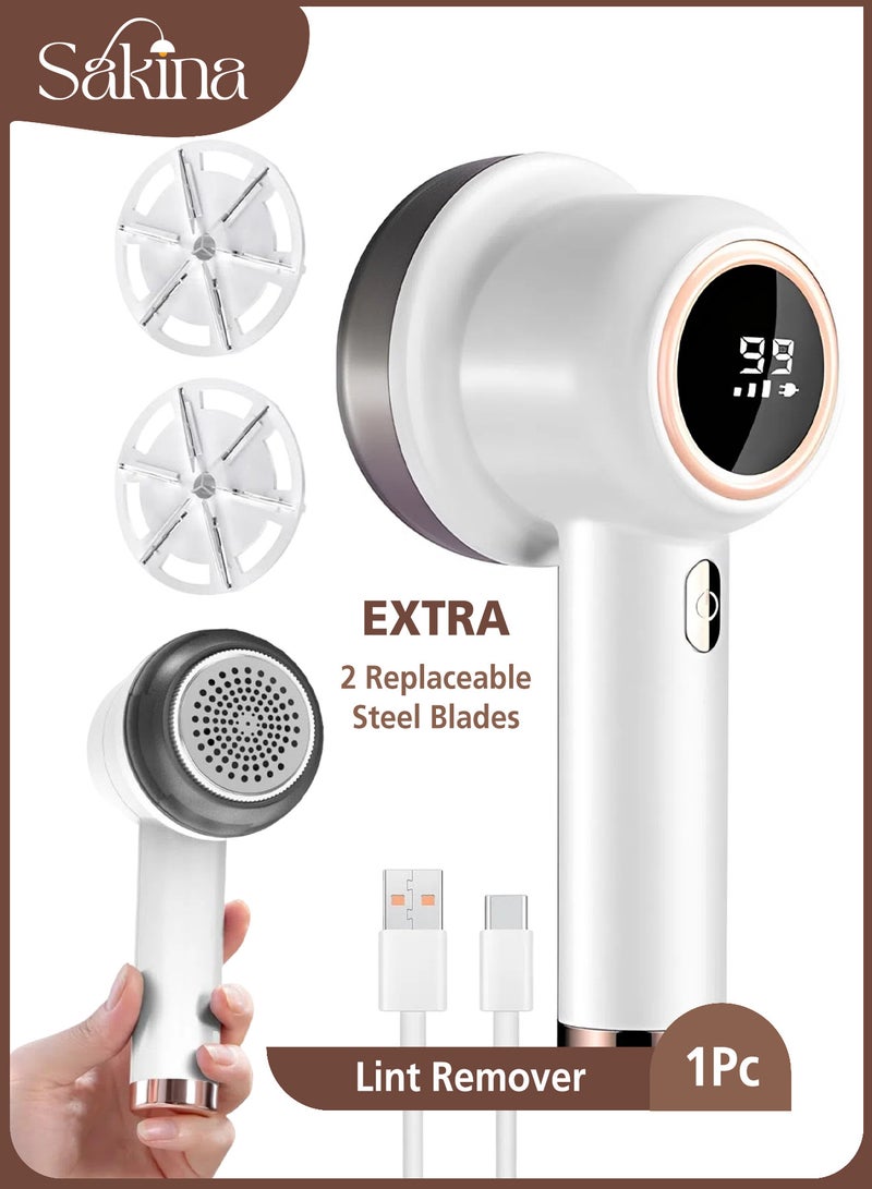 Sakina Rechargeable Fabric Shaver Lint Remover, 2 Replaceable Stainless Steel Blades, Multi-Functional Sweater Defuzzer, For Clothes Curtains Sofa, 3-Speed LED Display, Replaceable Leaf Blades(White) - Image 1