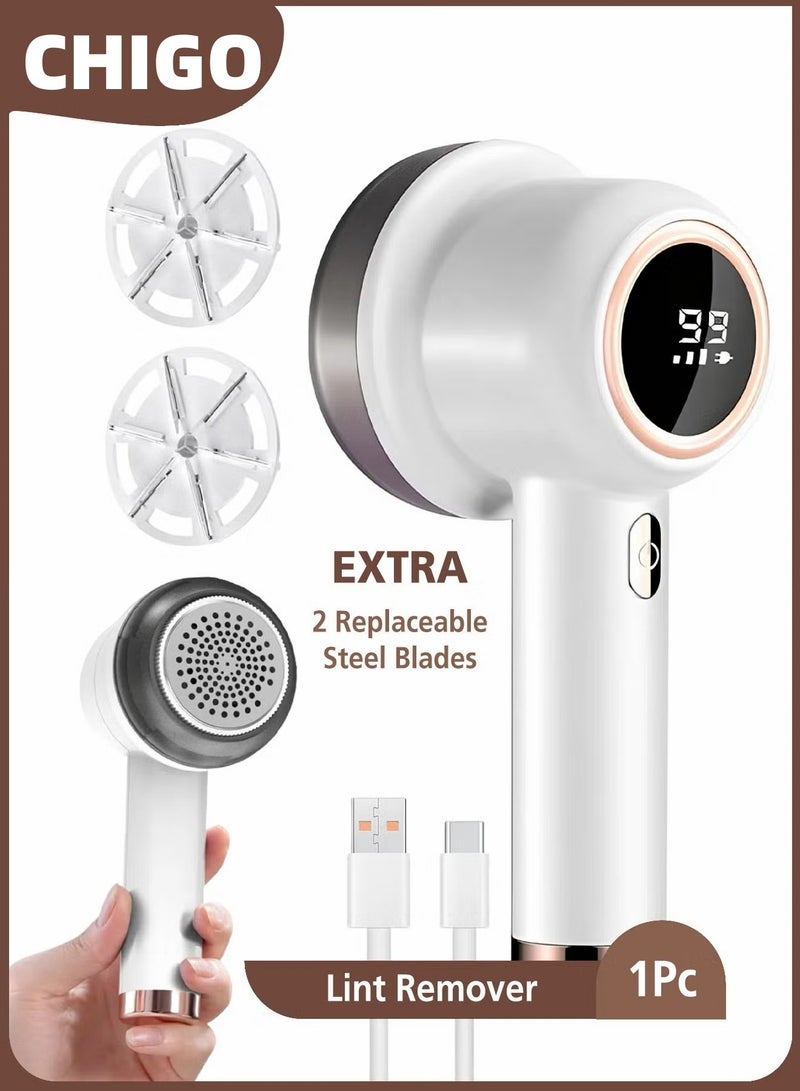 CHIGO Rechargeable Fabric Shaver Lint Remover, 2 Replaceable Stainless Steel Blades, Multi-Functional Sweater Defuzzer, For Clothes Curtains Sofa, 3-Speed LED Display, Replaceable Leaf Blades(White) - Image 1