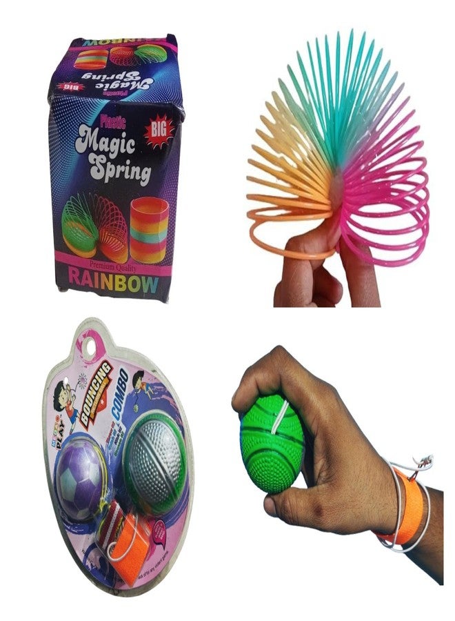 ZOKCY 2 in 1 (2 Rainbow Magic Spring Toy + 2 Bouncing Moon Ball) for Kids/Rainbow Spring Fun Activity Stress Relief/Super Bouncy Rubber Ball/Perfect for Playtime Fun - Image 1