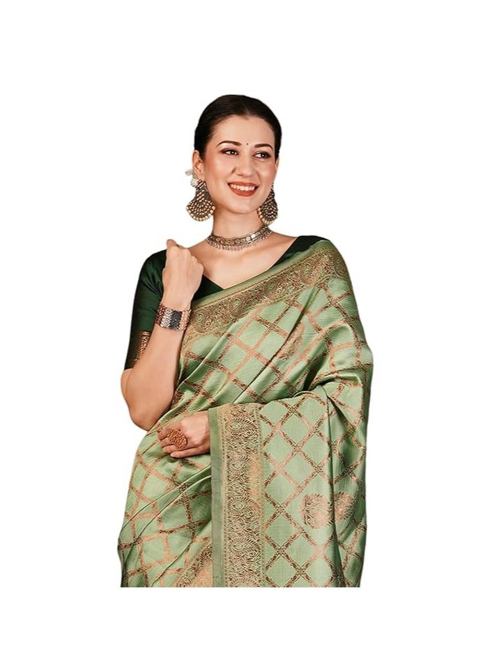 مملكة الإكسسوارات ساري كانجيفارام ناعم من باناراسي جاكار للنساء من مجموعة أكسسورايز كينجدوم مع قطعة بلوزة غير مخيطة - Image 1