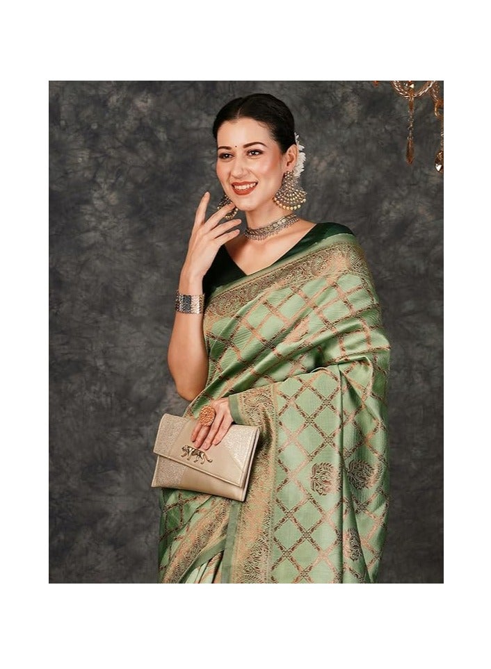 مملكة الإكسسوارات ساري كانجيفارام ناعم من باناراسي جاكار للنساء من مجموعة أكسسورايز كينجدوم مع قطعة بلوزة غير مخيطة - Image 3