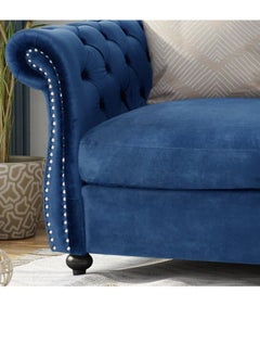 Wooden Twist Wooden Twist Regal Premium Solid Wood Velvet Fabric Flared Arm Loveseat 2 Seater Sofa ( Blue )  - Image 3