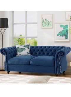 Wooden Twist Wooden Twist Regal Premium Solid Wood Velvet Fabric Flared Arm Loveseat 2 Seater Sofa ( Blue )  - Image 2