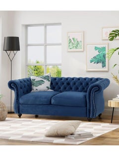 Wooden Twist Wooden Twist Regal Premium Solid Wood Velvet Fabric Flared Arm Loveseat 2 Seater Sofa ( Blue )  - Image 1