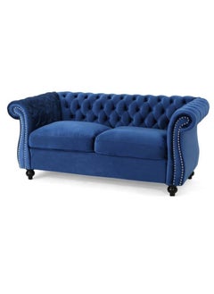 Wooden Twist Wooden Twist Regal Premium Solid Wood Velvet Fabric Flared Arm Loveseat 2 Seater Sofa ( Blue )  - Image 5
