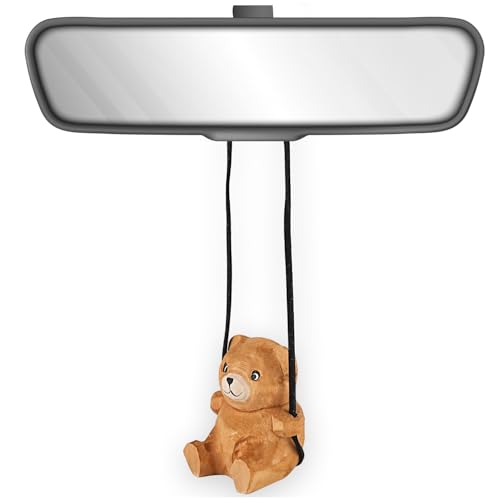 VIPbuy Handmade Wooden Swinging Brown Bear Car Hanging Ornament Cute Hand Carved Painted Wood Animal Figurine Car Mirror Hanging Accessories Decor Gifts TedBear - Image 1