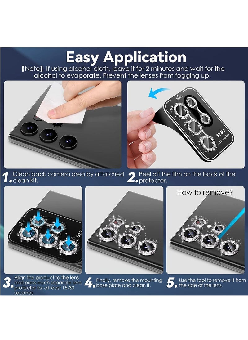 Raxoom Samsung Galaxy S23 Ultra Camera Lens Protector, 9H Tempered Glass + Aluminum Alloy Metal Individual Lens Screen Ring for S23 Ultra 6.8in 5G 2023 - Glitter Black - Image 4