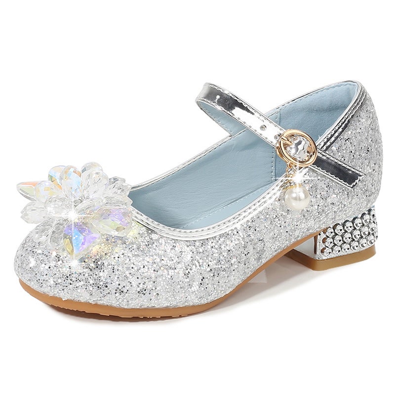 Girls' Princess Shoes Fashion New Korean Style Single Shoes Large Children'S Crystal Flower High Heels Blue Non-Slip Shoes - Image 1