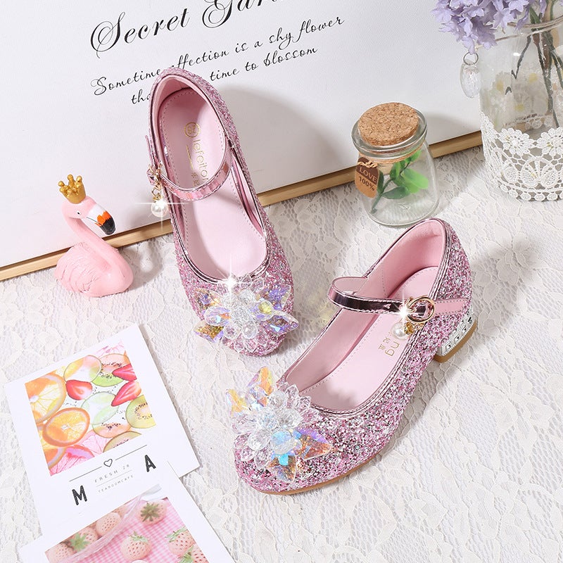 Girls' Princess Shoes Fashion New Korean Style Single Shoes Large Children'S Crystal Flower High Heels Blue Non-Slip Shoes - Image 3
