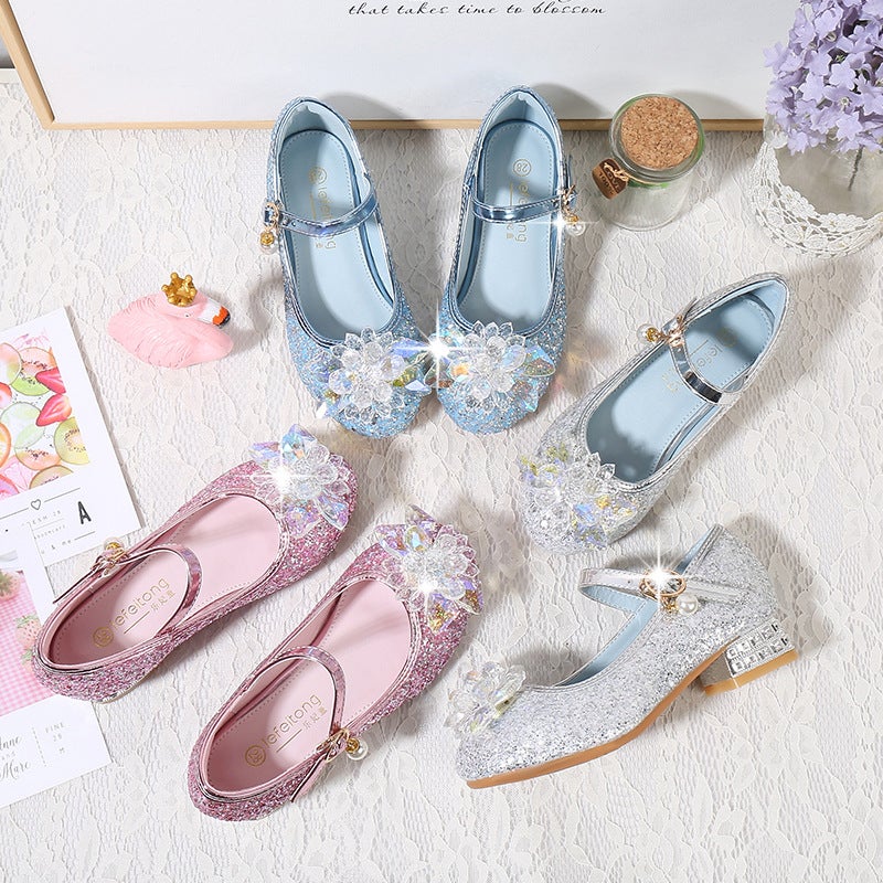 Girls' Princess Shoes Fashion New Korean Style Single Shoes Large Children'S Crystal Flower High Heels Blue Non-Slip Shoes - Image 5