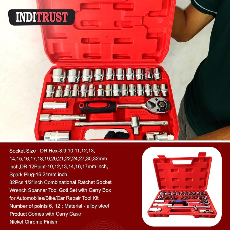 Inditrust طقم مفاتيح ربط 32 قطعة 1/2 بوصة مع صندوق حمل لأدوات إصلاح السيارات/الدراجات/السيارات (عبوة من 32 قطعة) (32 قطعة في صندوق أحمر) - Image 4