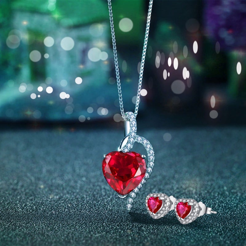 MABELLA Heart Simulated Red Ruby Pendant Necklace Stud Earrings Sterling Silver Jewelry Set Gifts for Women - Image 4