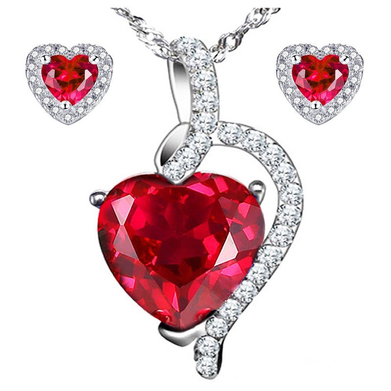MABELLA Heart Simulated Red Ruby Pendant Necklace Stud Earrings Sterling Silver Jewelry Set Gifts for Women - Image 1