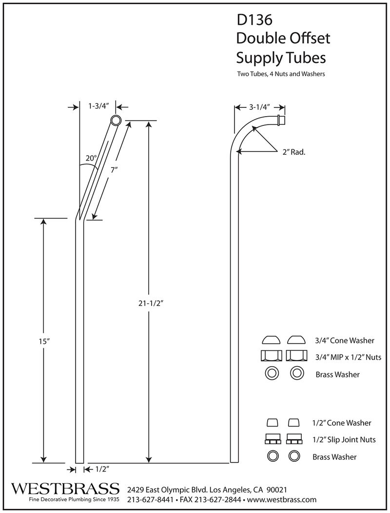 Westbrass D136-05 Double Offset Bath Supply, Polished Nickel - Image 2