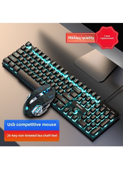 Mechanical Feel Keyboard Mouse Suit Wired Desktop Computer Notebook Game E-sports Typing Dedicated USB-Color:Mechanical Feel - 1 Year Warranty - Character Black Ice Blue + 6-button Mouse + Small Black Pad - No - 104 Keys - Official Standard