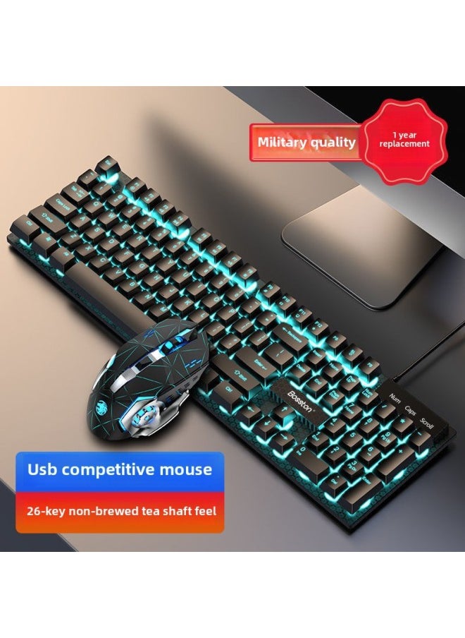 Mechanical Feel Keyboard Mouse Suit Wired Desktop Computer Notebook Game E-sports Typing Dedicated USB-Color:Mechanical Feel - 1 Year Warranty - Character Black Ice Blue + 6-button Mouse + Small Black Pad - No - 104 Keys - Official Standard